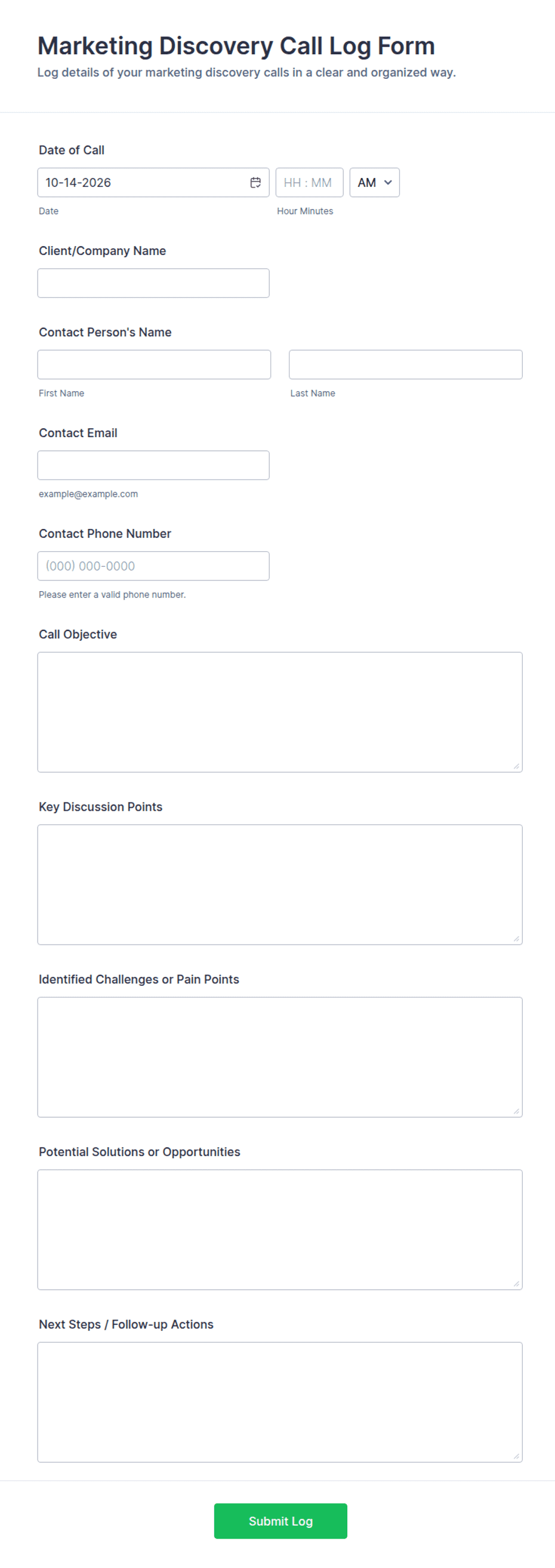 Marketing Discovery Call Log Form Template | Jotform