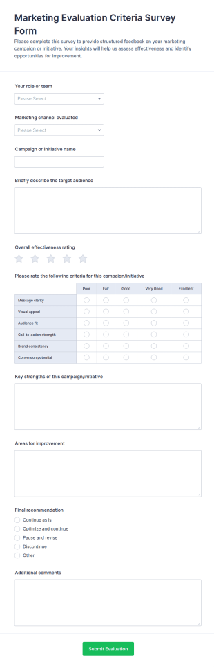 Marketing Evaluation Criteria Survey Form Template
