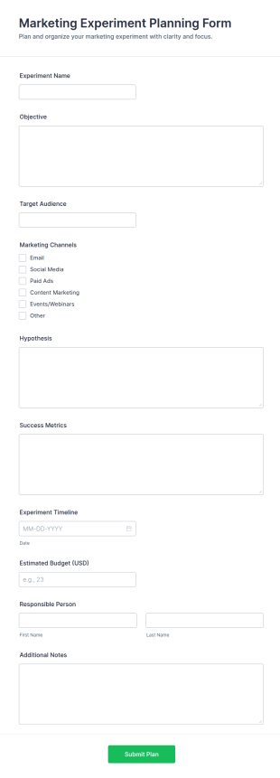 Marketing Experiment Planning Form Template