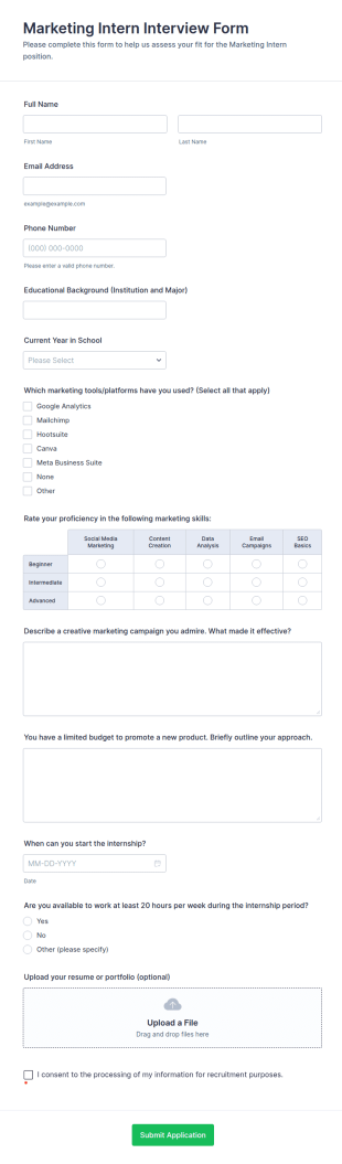 Marketing Intern Interview Form Template