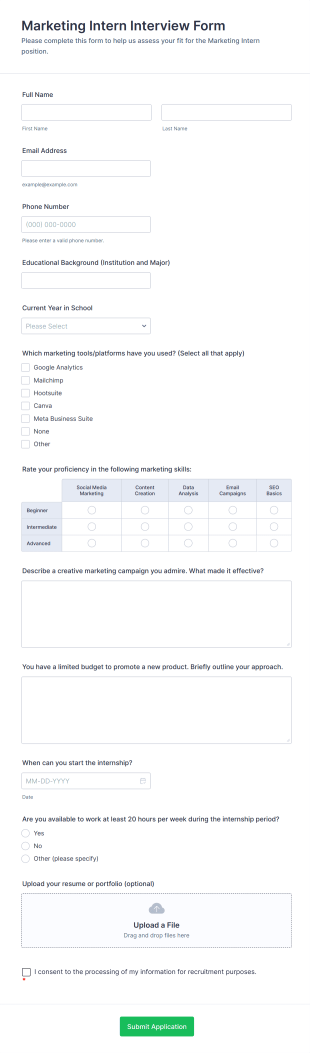 Marketing Intern Interview Form Template