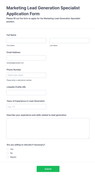 Marketing Lead Generation Specialist Application Form Template
