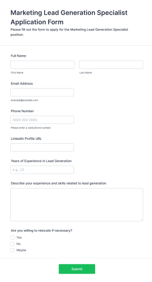Marketing Lead Generation Specialist Application Form Template