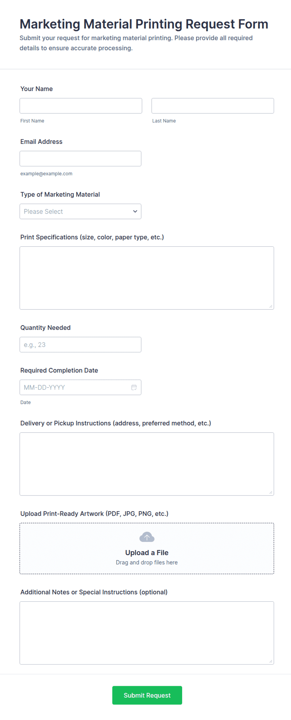Marketing Material Printing Request Form Template | Jotform