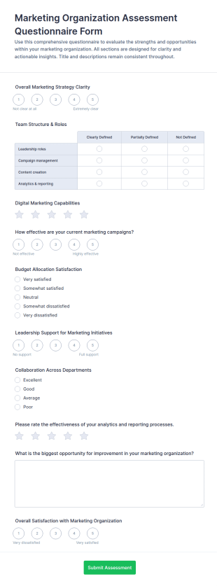 Marketing Organization Assessment Questionnaire Form Template