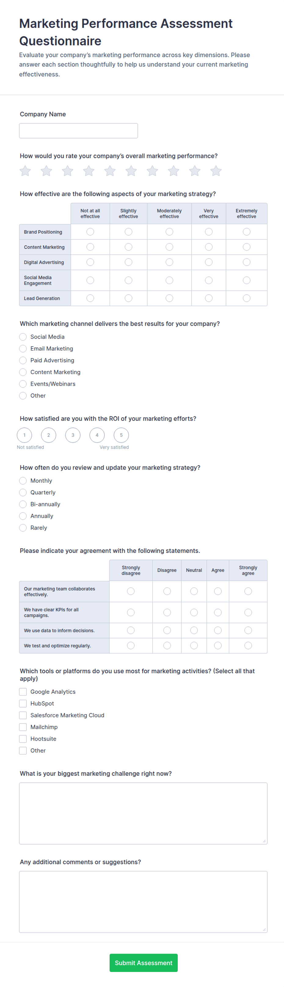 Marketing Performance Assessment Questionnaire Form Template | Jotform