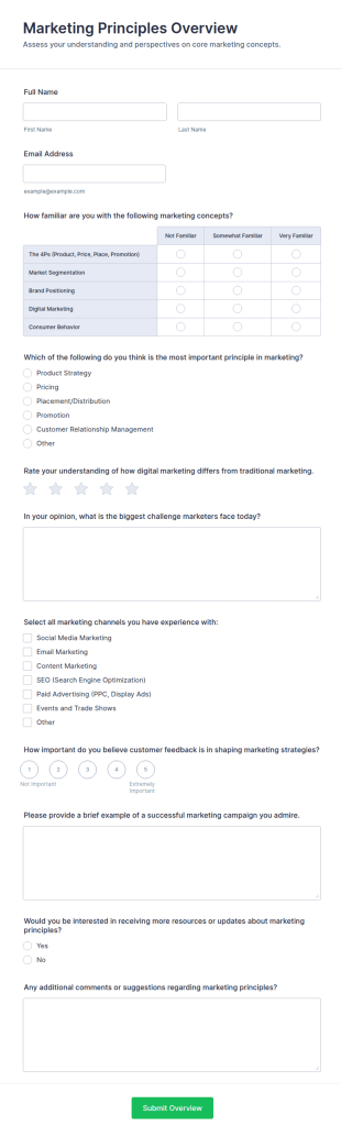Marketing Principles Overview Form Template
