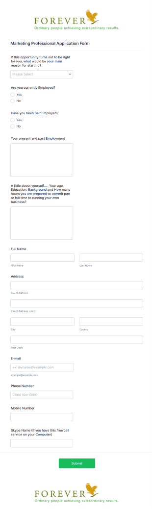 Marketing Professional Application Form Template