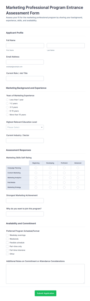 Marketing Professional Program Entrance Assessment Form Template