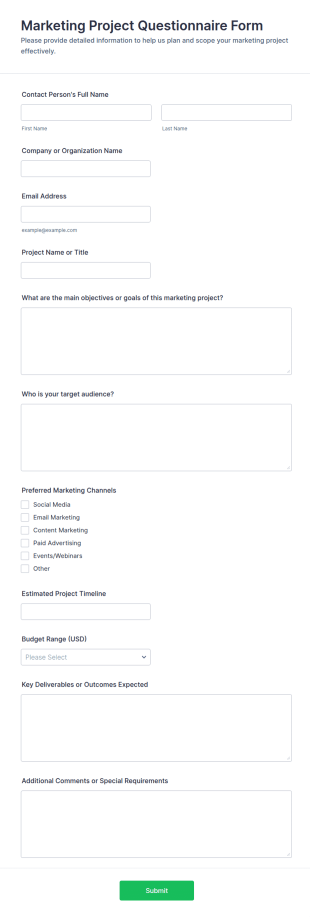 Marketing Project Questionnaire Form Template