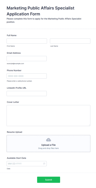 Marketing Public Affairs Specialist Application Form Template