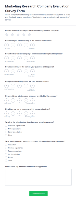 Marketing Research Company Evaluation Survey Form Template