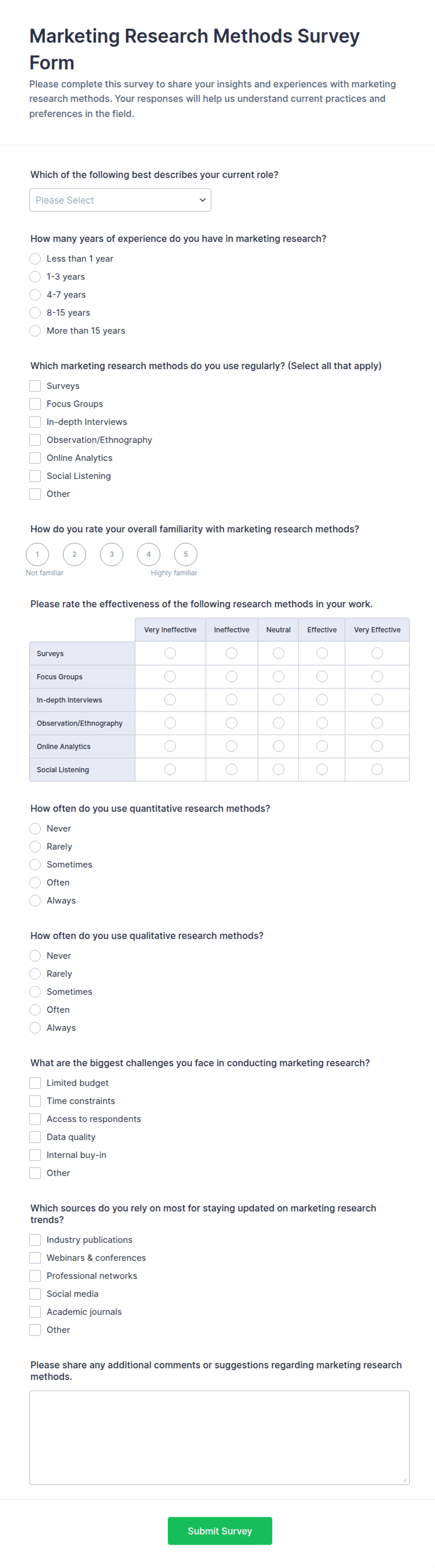 Marketing Research Methods Survey Form Template | Jotform