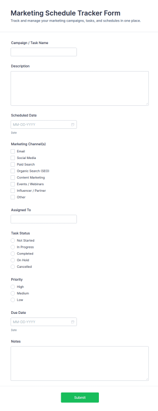 Marketing Schedule Tracker Form Template