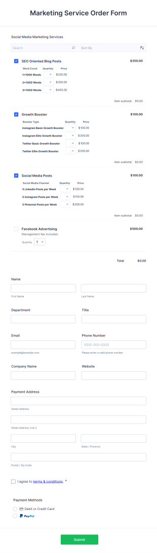 Marketing Service Order Form Template