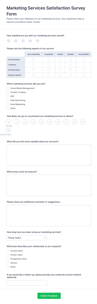 Marketing Services Satisfaction Survey Form Template