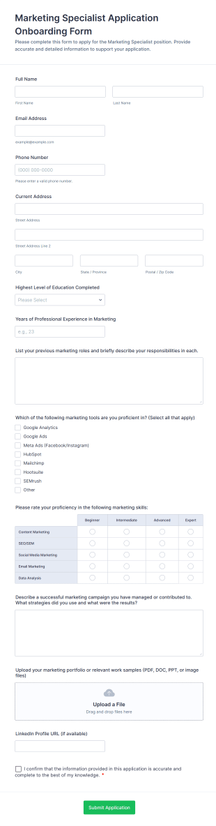 Marketing Specialist Application Onboarding Form Template