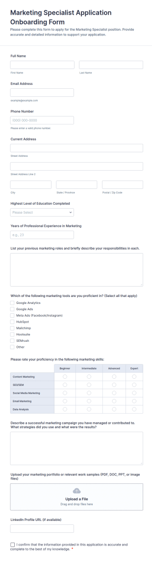 Marketing Specialist Application Onboarding Form Template