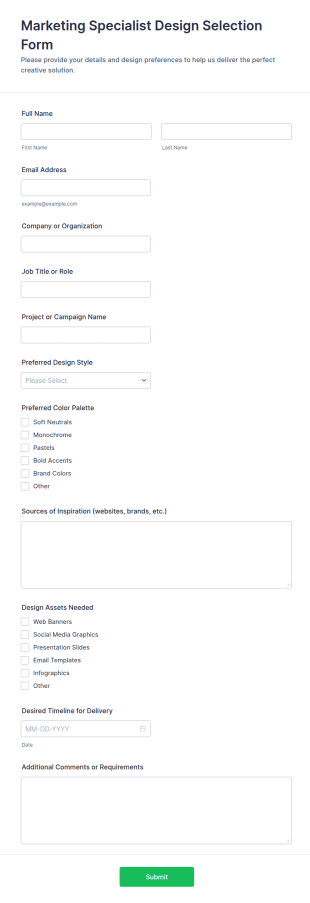 Marketing Specialist Design Selection Form Template