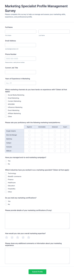 Marketing Specialist Profile Management Survey Form Template