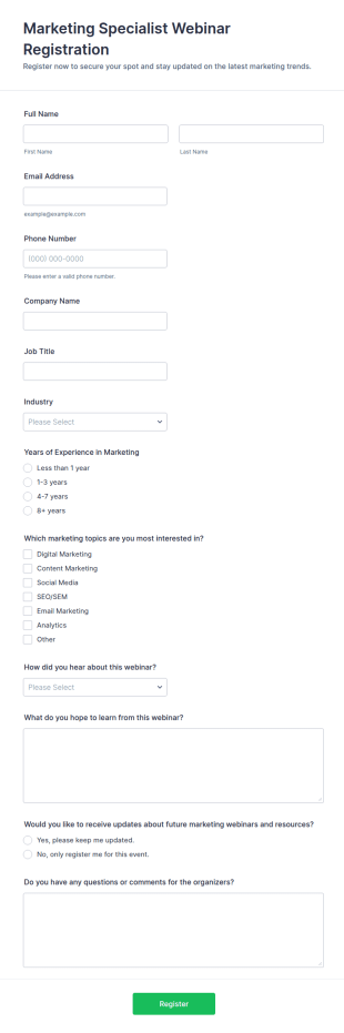 Marketing Specialist Webinar Registration Form Template