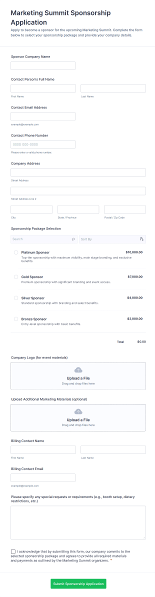 Marketing Summit Sponsorship Application Form Template