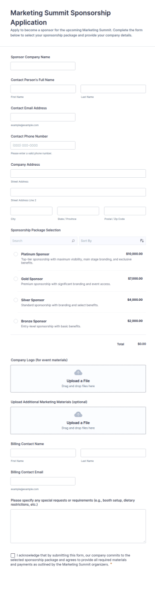 Marketing Summit Sponsorship Application Form Template