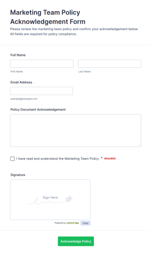 Marketing Team Policy Acknowledgement Form Template