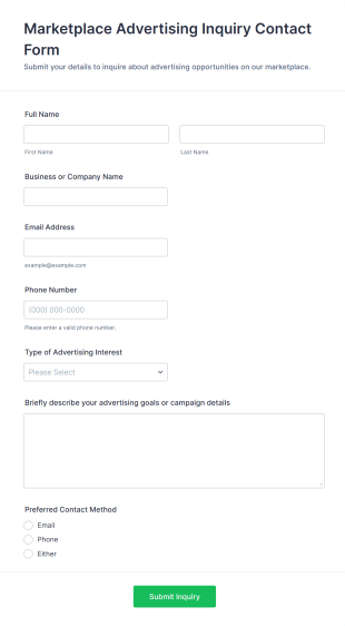 Marketplace Advertising Inquiry Contact Form Template