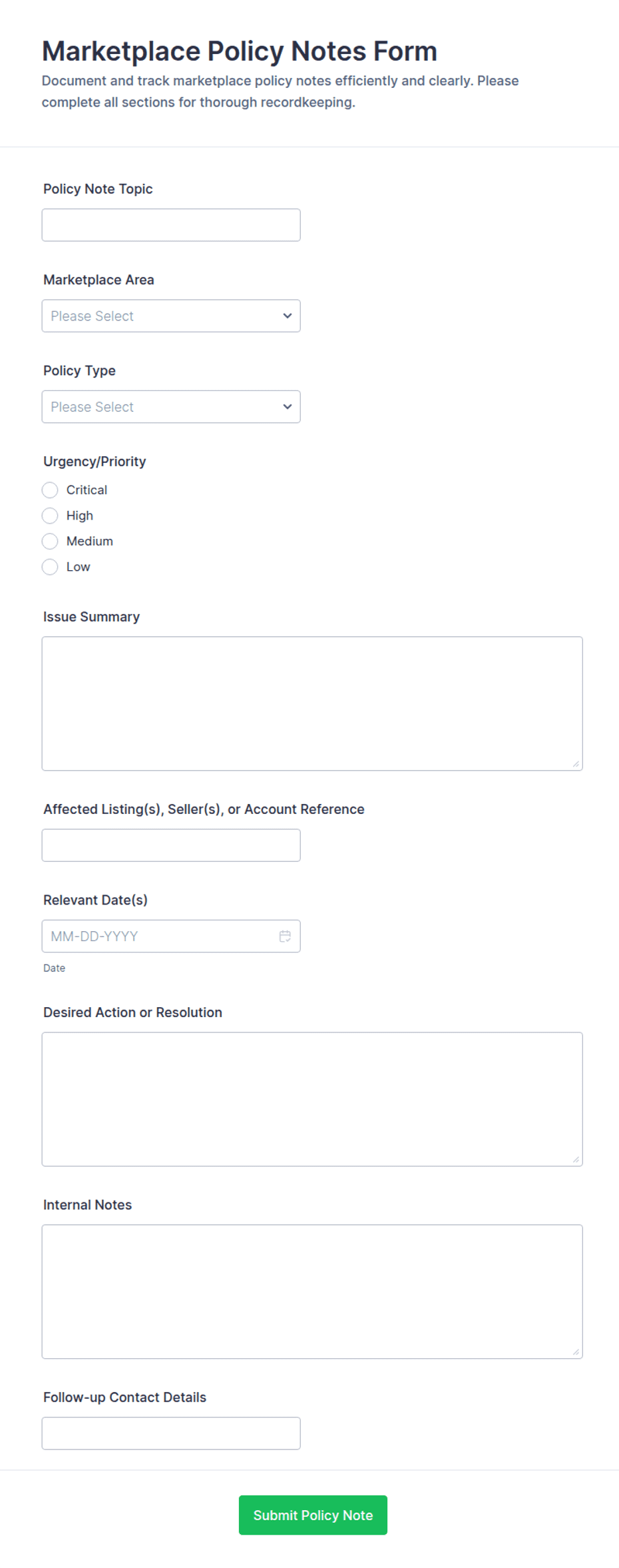 Marketplace Policy Notes Form Template | Jotform