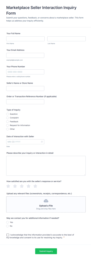 Marketplace Seller Interaction Inquiry Form Template