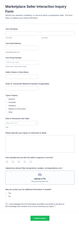 Marketplace Seller Interaction Inquiry Form Template