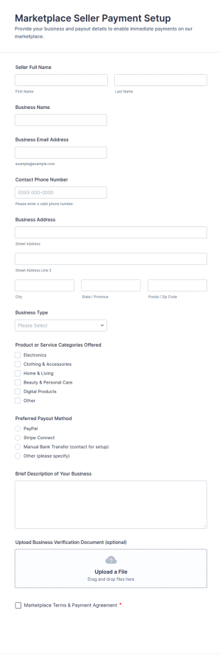 Marketplace Seller Payment Setup Form Template