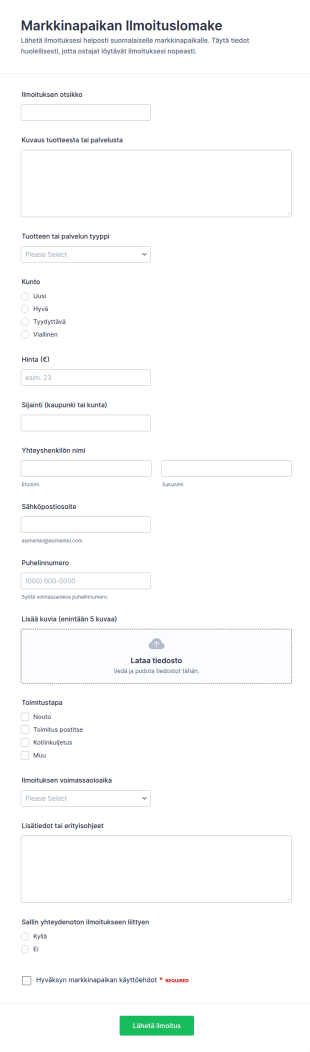 Markkinapaikkailmoituksen Lähetyslomake