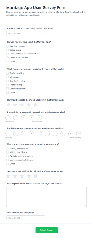Marriage App User Survey Form Template