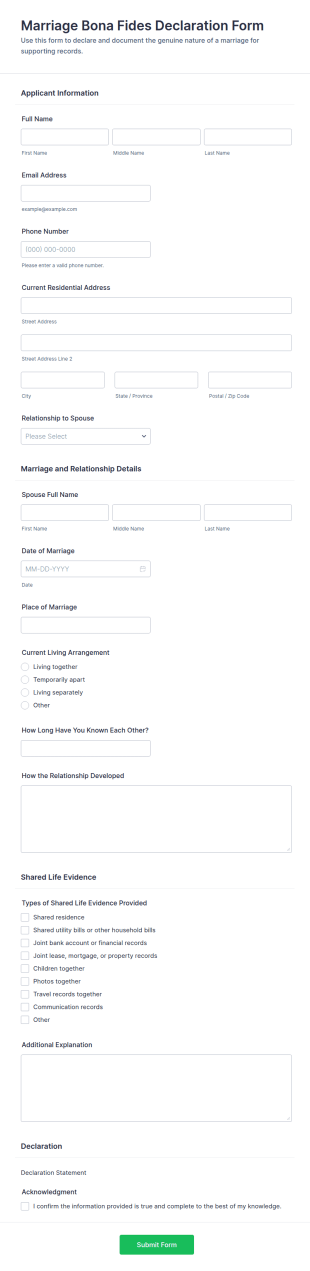Marriage Bona Fides Declaration Form Template