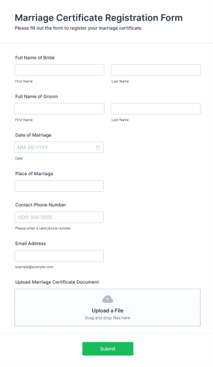 Marriage Certificate Registration Form Form Template