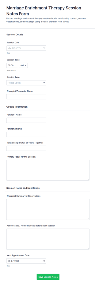 Marriage Enrichment Therapy Session Notes Form Template