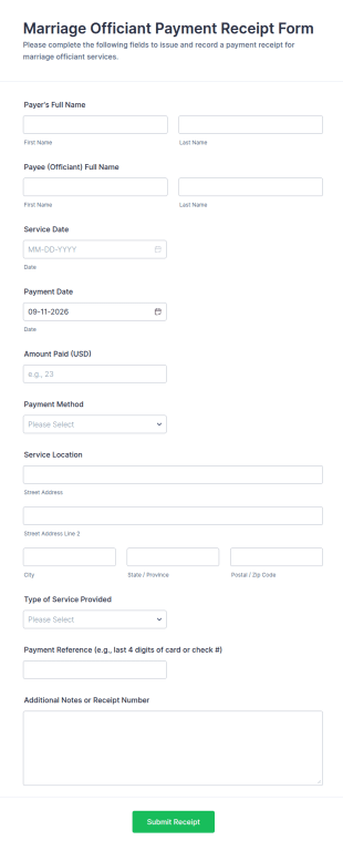 Marriage Officiant Payment Receipt Form Template