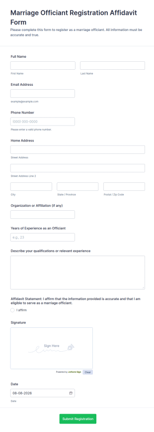 Marriage Officiant Registration Affidavit Form Template