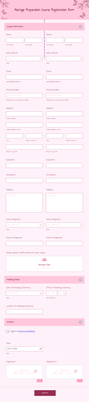 Marriage Preparation Course Registration Form Template