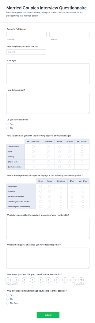 Married Couples Interview Questionnaire Form Template