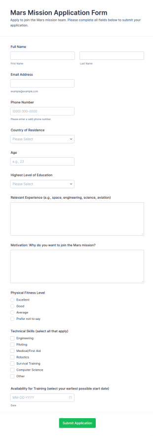 Mars Mission Application Form Template
