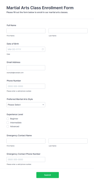 Martial Arts Class Enrollment Form Form Template
