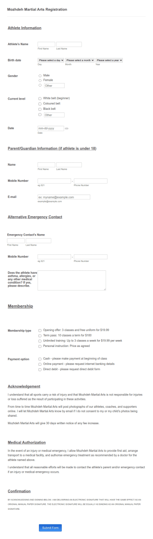 Martial Arts Course Registration Form Template