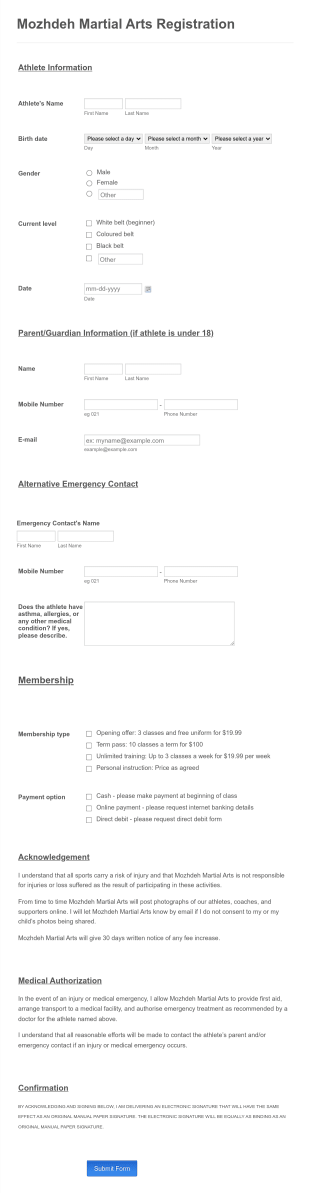 Martial Arts Course Registration Form Template