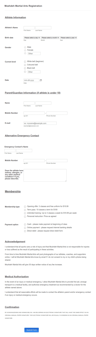 Martial Arts Course Registration Form Template