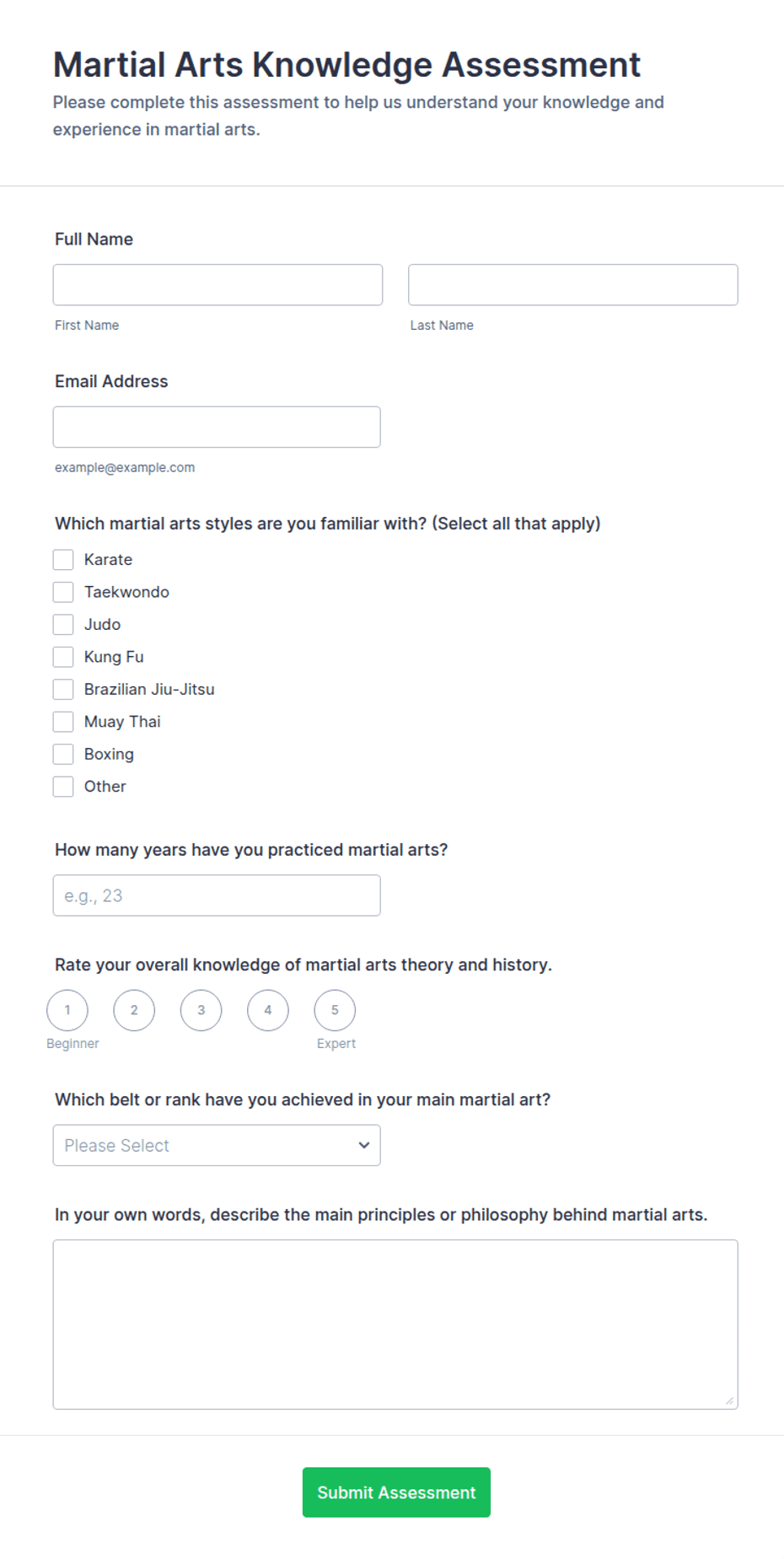 Martial Arts Knowledge Assessment Form Template | Jotform