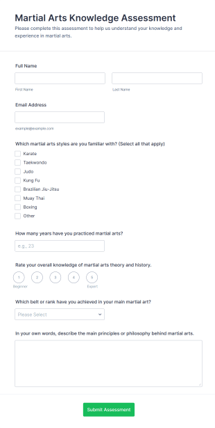 Martial Arts Knowledge Assessment Form Template