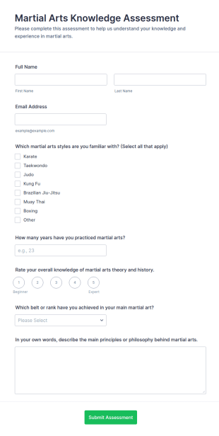 Martial Arts Knowledge Assessment Form Template
